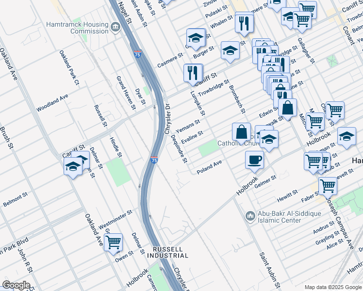 map of restaurants, bars, coffee shops, grocery stores, and more near 9836 Dequindre Street in Hamtramck