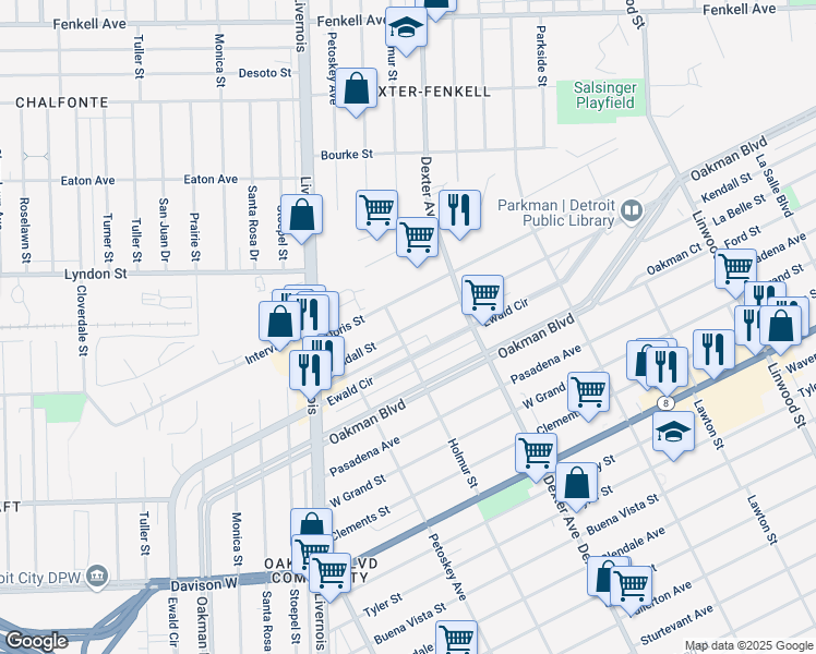 map of restaurants, bars, coffee shops, grocery stores, and more near 3797 Doris Street in Detroit