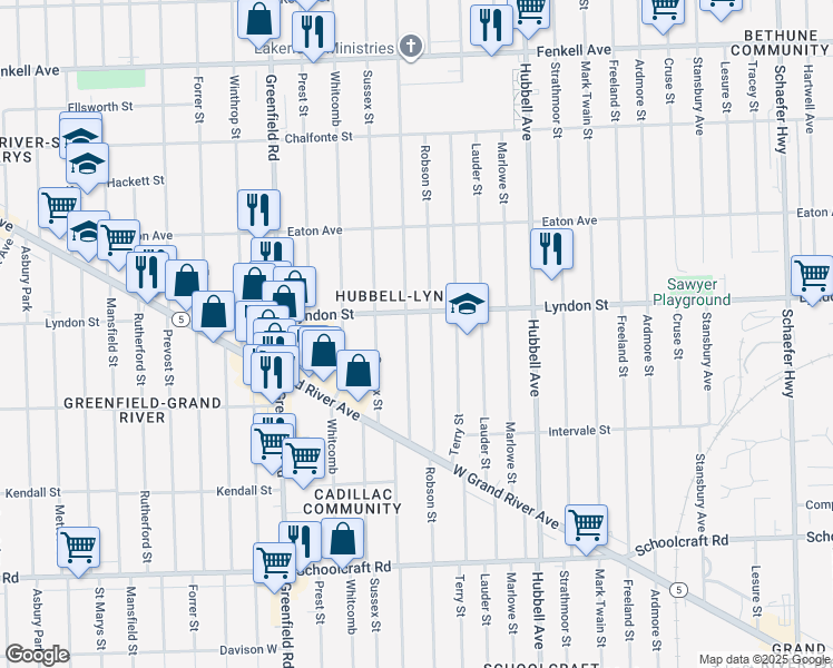 map of restaurants, bars, coffee shops, grocery stores, and more near 14500 Coyle Street in Detroit