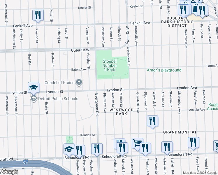 map of restaurants, bars, coffee shops, grocery stores, and more near 14571 Auburn Street in Detroit