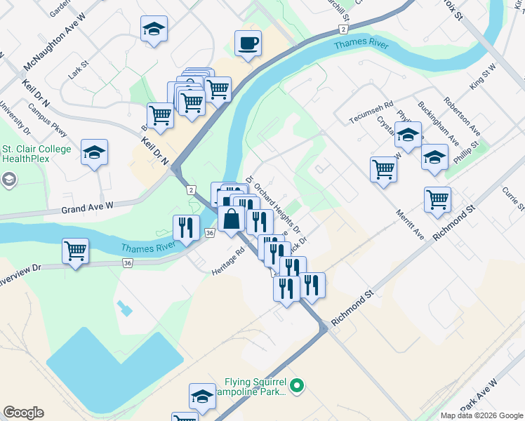 map of restaurants, bars, coffee shops, grocery stores, and more near 16 Orchard Place in Chatham-Kent