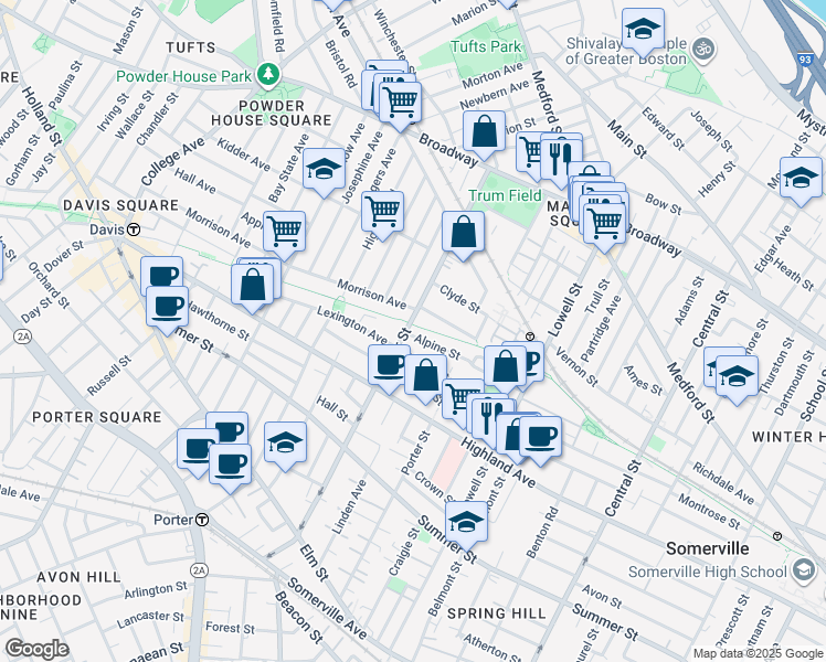 map of restaurants, bars, coffee shops, grocery stores, and more near 181 Cedar Street in Somerville