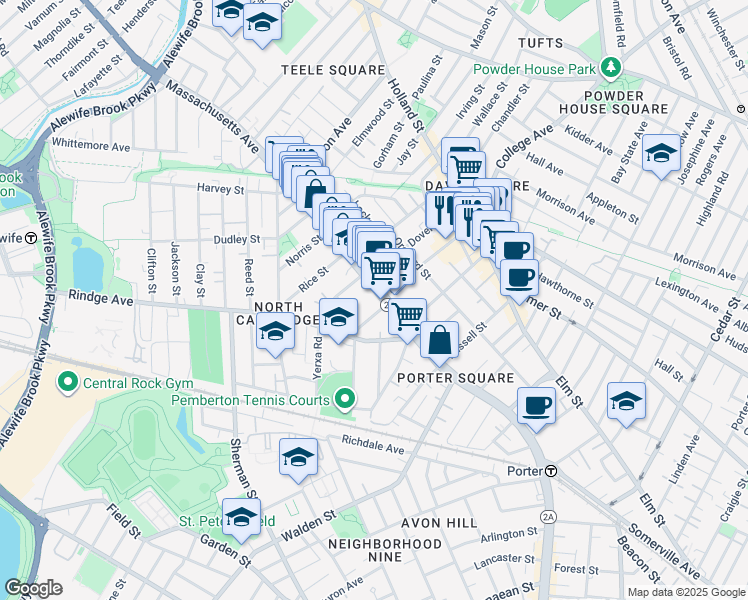 map of restaurants, bars, coffee shops, grocery stores, and more near 2240 Massachusetts Avenue in Cambridge