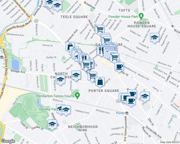 map of restaurants, bars, coffee shops, grocery stores, and more near 2225 Massachusetts Avenue in Cambridge