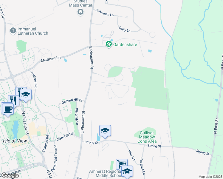 map of restaurants, bars, coffee shops, grocery stores, and more near 107 Village Park Road in Amherst