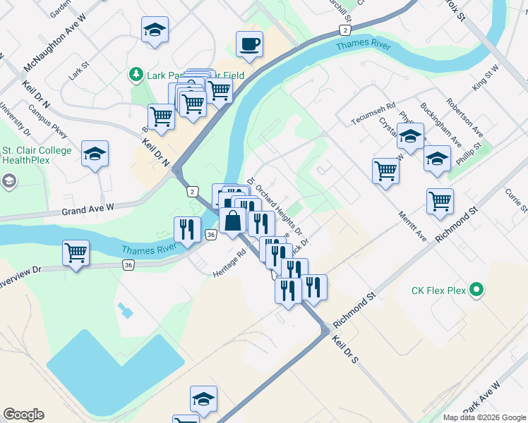 map of restaurants, bars, coffee shops, grocery stores, and more near 16 Orchard Heights Drive in Chatham