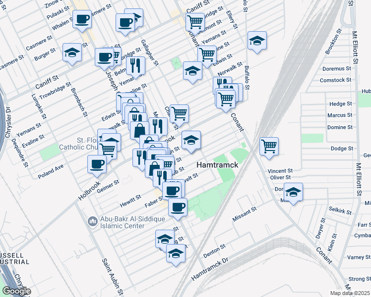 map of restaurants, bars, coffee shops, grocery stores, and more near 3056 Lehman Street in Hamtramck