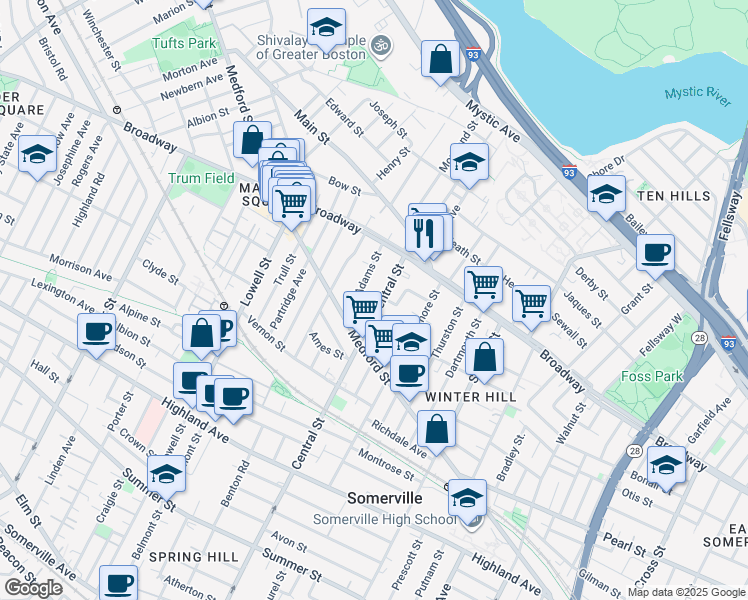 map of restaurants, bars, coffee shops, grocery stores, and more near 43 Adams Street in Somerville
