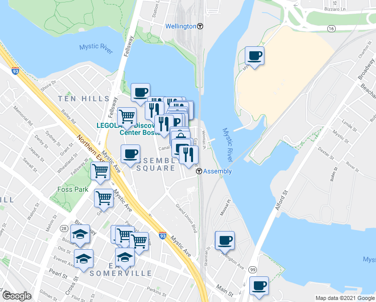 map of restaurants, bars, coffee shops, grocery stores, and more near 449 Canal Street in Somerville