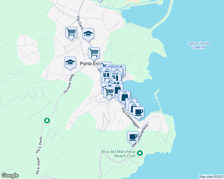 map of restaurants, bars, coffee shops, grocery stores, and more near 19 Via Italia in Porto Ercole