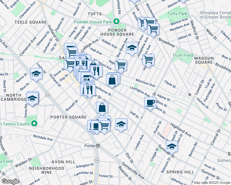 map of restaurants, bars, coffee shops, grocery stores, and more near 100 Willow Avenue in Somerville