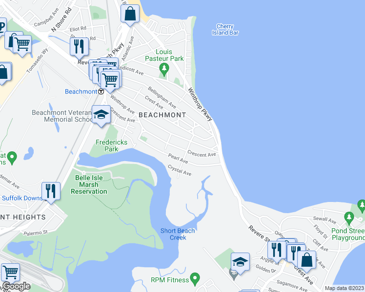 map of restaurants, bars, coffee shops, grocery stores, and more near 233 Bradstreet Avenue in Revere