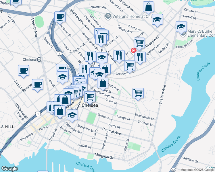 map of restaurants, bars, coffee shops, grocery stores, and more near 24 Gerrish Avenue in Chelsea
