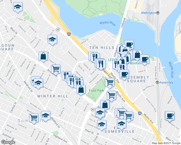 map of restaurants, bars, coffee shops, grocery stores, and more near 43 Sydney Street in Somerville