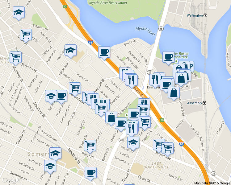map of restaurants, bars, coffee shops, grocery stores, and more near 43 Sydney Street in Somerville