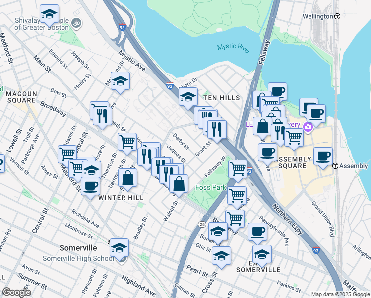 map of restaurants, bars, coffee shops, grocery stores, and more near 43 Sydney Street in Somerville