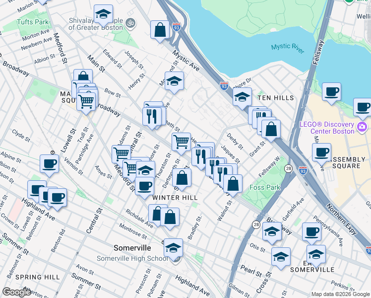 map of restaurants, bars, coffee shops, grocery stores, and more near 11 Fenwick Street in Somerville