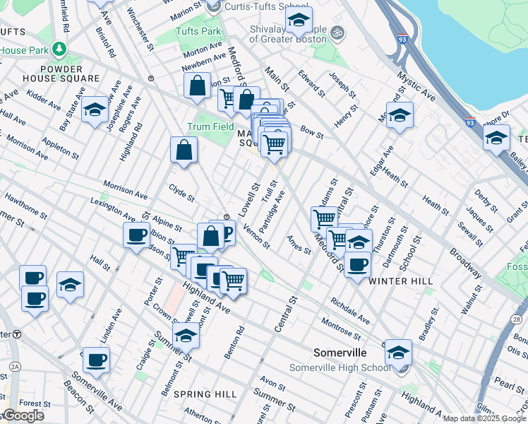 map of restaurants, bars, coffee shops, grocery stores, and more near 38 Trull Street in Somerville