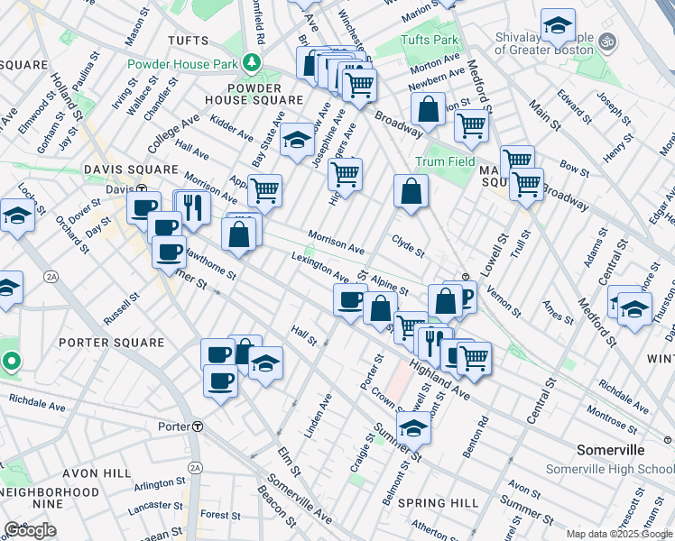 map of restaurants, bars, coffee shops, grocery stores, and more near in Somerville