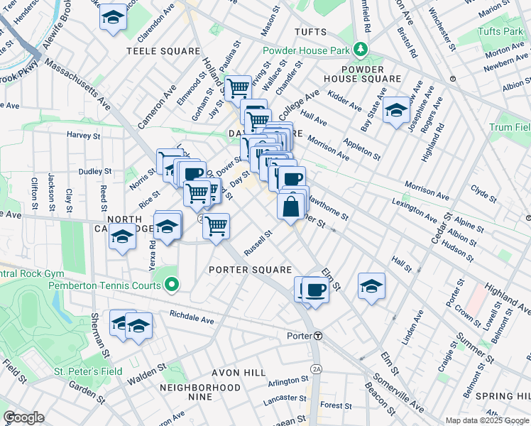 map of restaurants, bars, coffee shops, grocery stores, and more near in Somerville