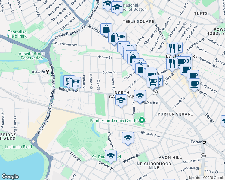 map of restaurants, bars, coffee shops, grocery stores, and more near 53R Cedar Street in Cambridge