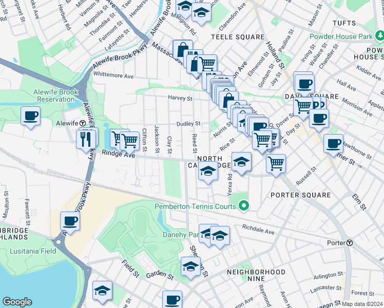 map of restaurants, bars, coffee shops, grocery stores, and more near 37 Montgomery Street in Cambridge