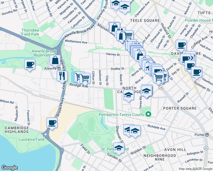 map of restaurants, bars, coffee shops, grocery stores, and more near 34 Clay Street in Cambridge