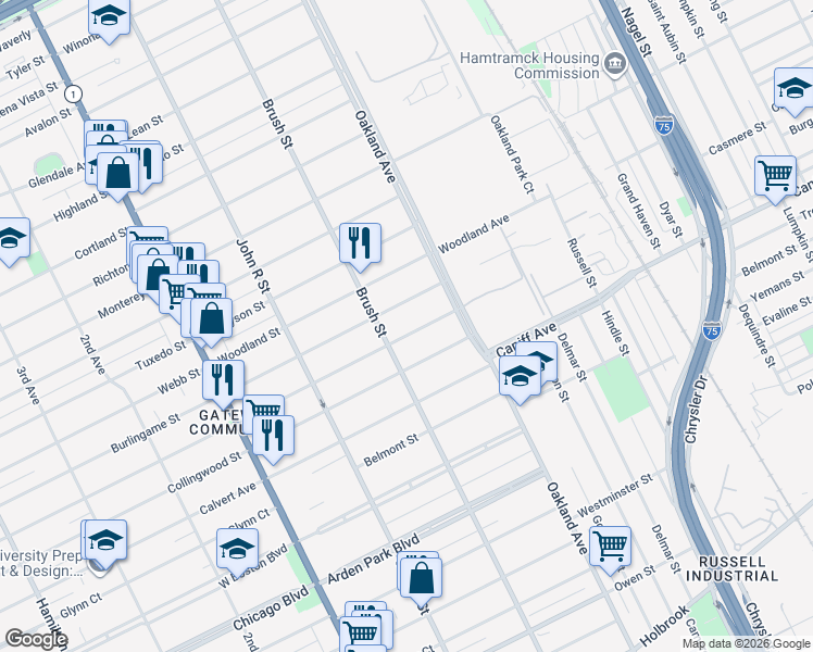map of restaurants, bars, coffee shops, grocery stores, and more near 568 Englewood Street in Detroit