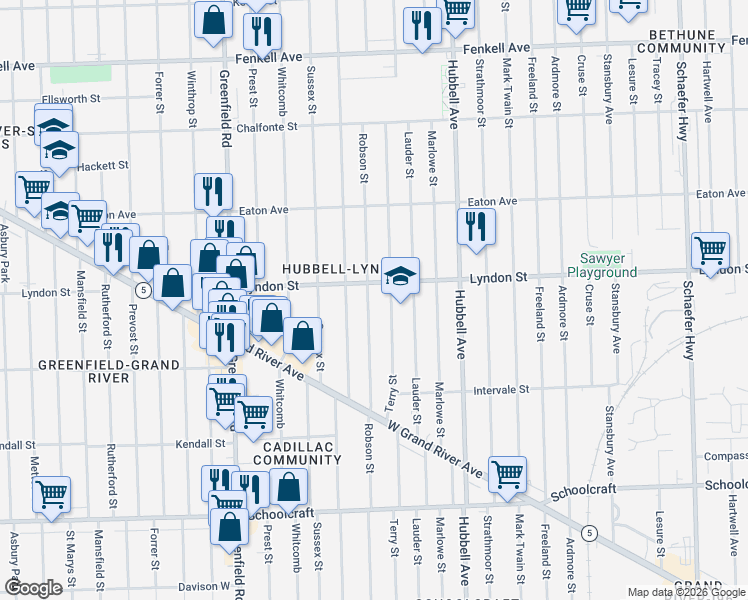map of restaurants, bars, coffee shops, grocery stores, and more near 14500 Coyle Street in Detroit