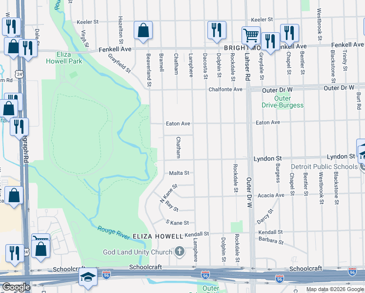 map of restaurants, bars, coffee shops, grocery stores, and more near 14601 Lamphere in Detroit