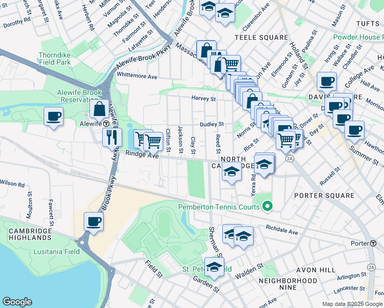 map of restaurants, bars, coffee shops, grocery stores, and more near 34 Clay Street in Cambridge