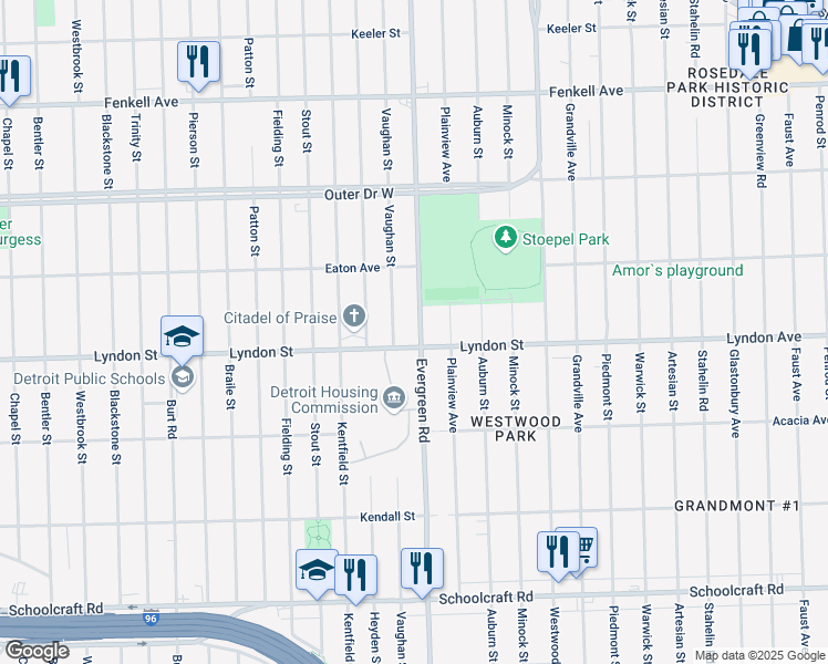 map of restaurants, bars, coffee shops, grocery stores, and more near 14527 Evergreen Road in Detroit