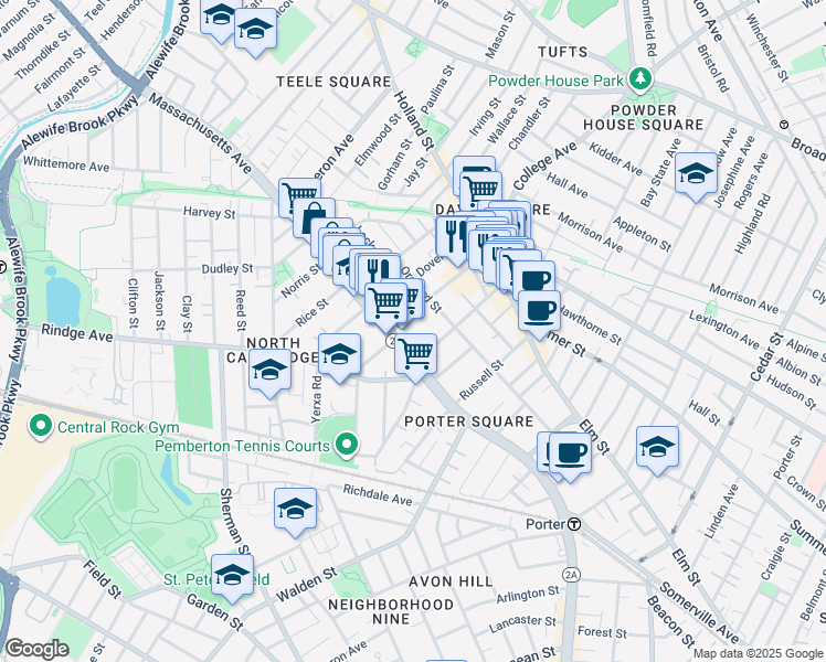 map of restaurants, bars, coffee shops, grocery stores, and more near 2225 Massachusetts Avenue in Cambridge