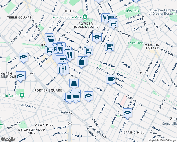 map of restaurants, bars, coffee shops, grocery stores, and more near 100 Willow Avenue in Somerville