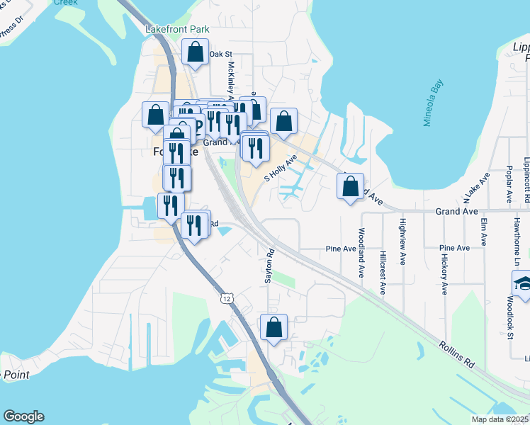 map of restaurants, bars, coffee shops, grocery stores, and more near 20 Hillside Drive in Fox Lake