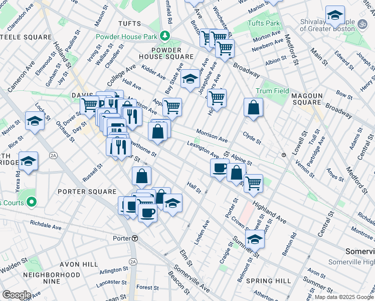 map of restaurants, bars, coffee shops, grocery stores, and more near 82 Lexington Avenue in Somerville