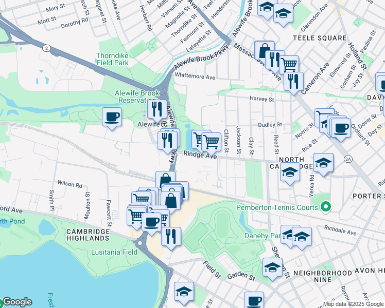 map of restaurants, bars, coffee shops, grocery stores, and more near 361 Rindge Avenue in Cambridge