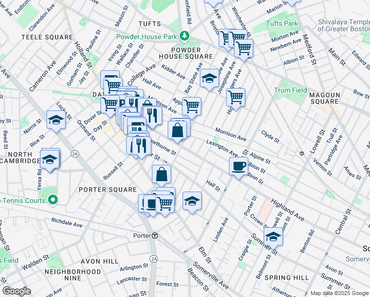 map of restaurants, bars, coffee shops, grocery stores, and more near 100 Willow Avenue in Somerville