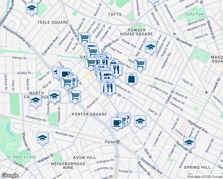 map of restaurants, bars, coffee shops, grocery stores, and more near 378 Highland Avenue in Somerville