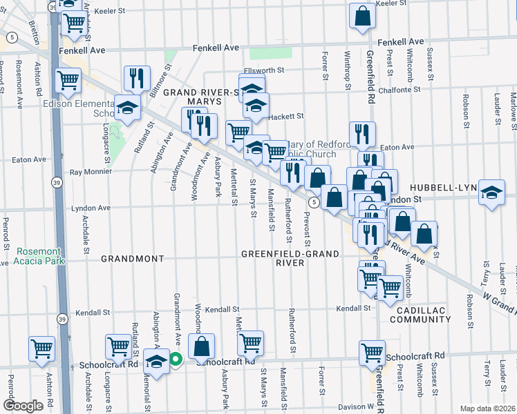 map of restaurants, bars, coffee shops, grocery stores, and more near 14460 Saint Marys Street in Detroit