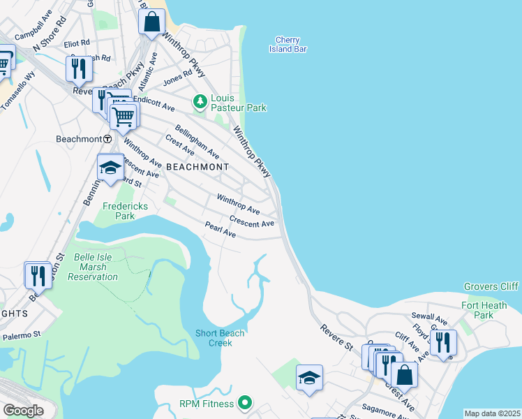 map of restaurants, bars, coffee shops, grocery stores, and more near 270 Bradstreet Avenue in Revere