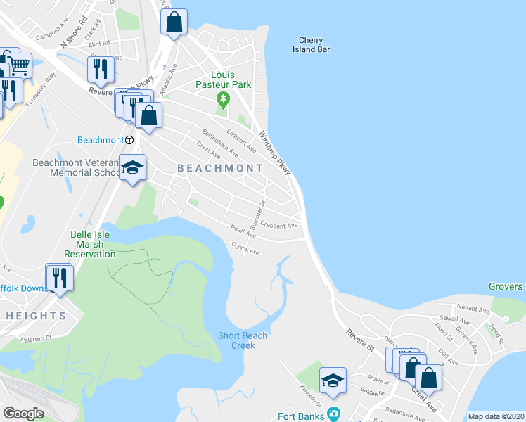 map of restaurants, bars, coffee shops, grocery stores, and more near 233 Bradstreet Avenue in Revere