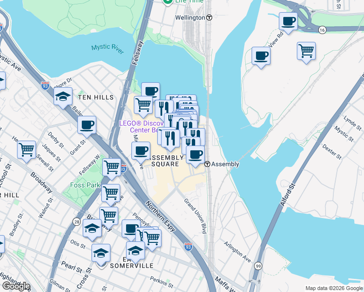 map of restaurants, bars, coffee shops, grocery stores, and more near 445 Artisan Way in Somerville