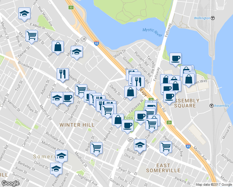 map of restaurants, bars, coffee shops, grocery stores, and more near 64 Derby Street in Somerville