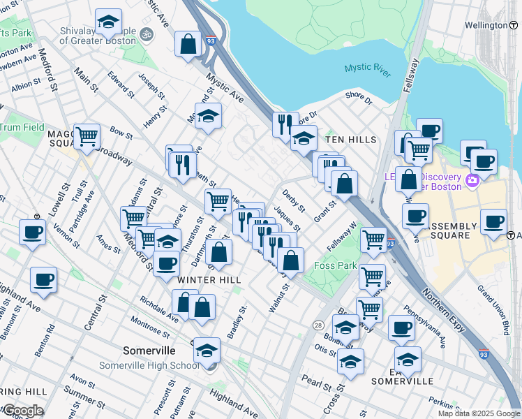 map of restaurants, bars, coffee shops, grocery stores, and more near 66 Jaques Street in Somerville