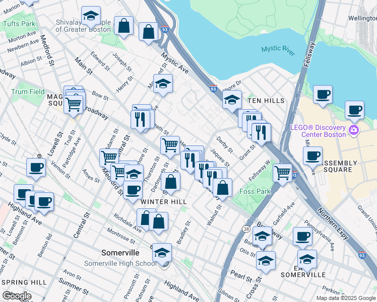 map of restaurants, bars, coffee shops, grocery stores, and more near 41 Heath Street in Somerville