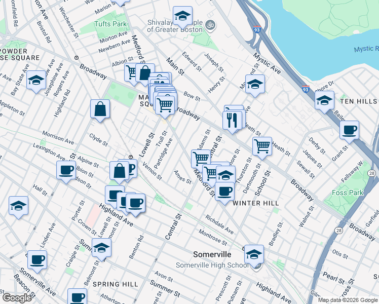 map of restaurants, bars, coffee shops, grocery stores, and more near 81 Bartlett Street in Somerville