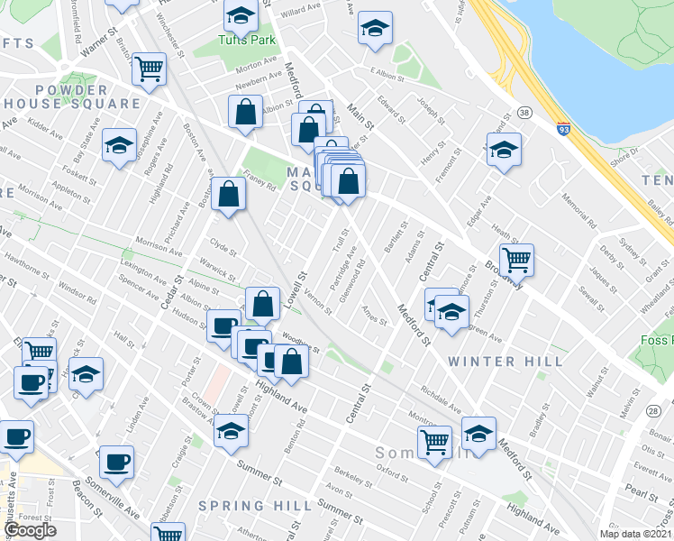map of restaurants, bars, coffee shops, grocery stores, and more near 38 Trull Street in Somerville