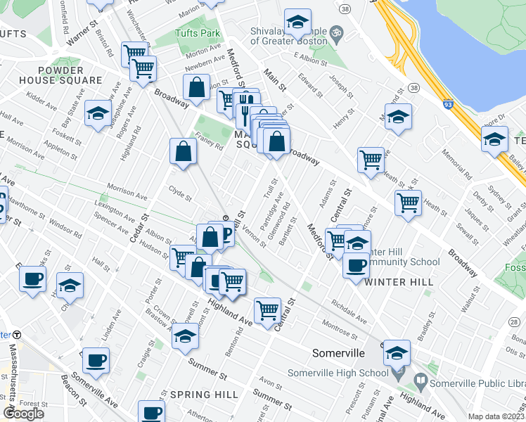 map of restaurants, bars, coffee shops, grocery stores, and more near 38 Trull Street in Somerville