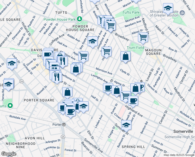 map of restaurants, bars, coffee shops, grocery stores, and more near 47 Lexington Avenue in Somerville